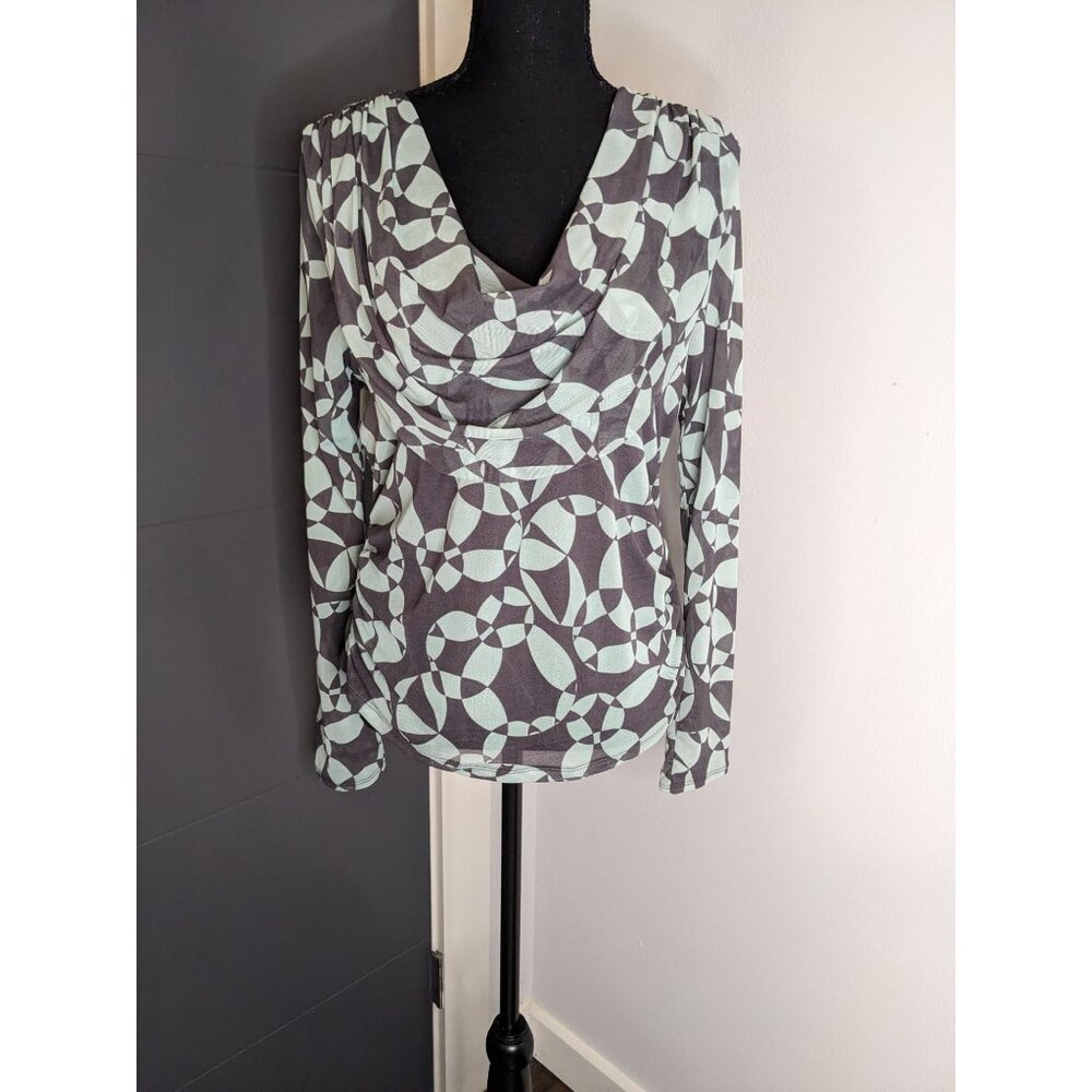 y2k Ideology‎ Cowl Neck Abstract Print Mesh Long Sleeve Top - L
